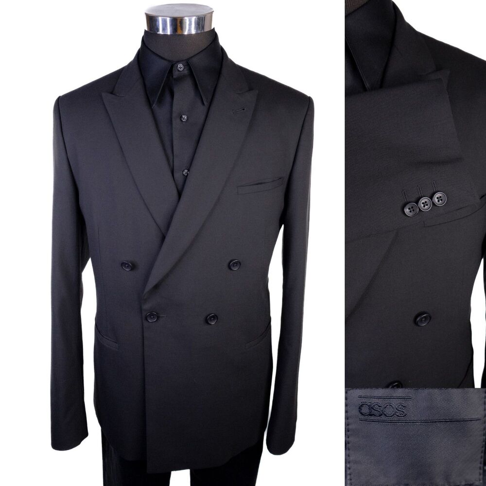 ASOS Blazer Sport Coat Sz 46R Double Breasted Solid Black Poly Blend Jacket EUC
